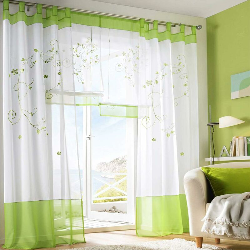 Sheer Curtains Floral Voile Embroidery Tab Top Window Panels For Bedroom Living ROom Decoration 2 Panels, Green, W140Cm