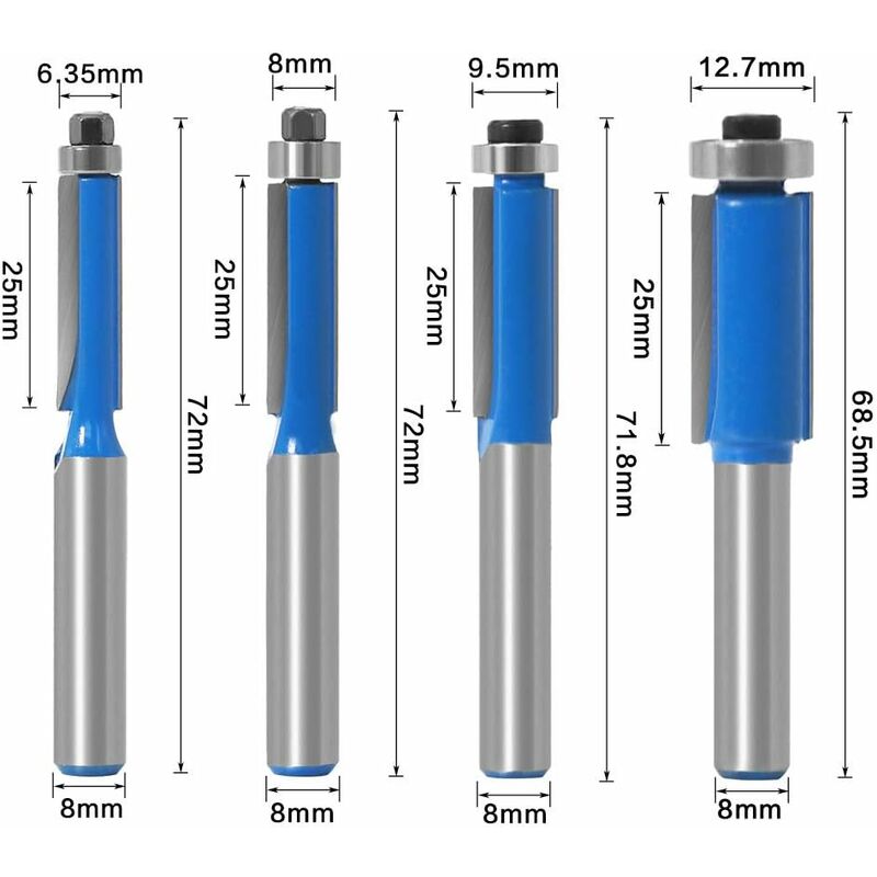 4 pcs 8Mm Copy Bit Diy Woodworking Milling Cutter Tools With Top Bearing, Flush Trim ROuter Bit Shank