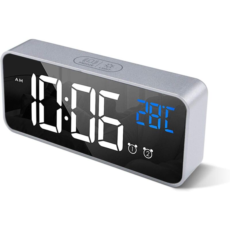 Digital Alarm Clock With Large LED Temperature Display, Portable Mirror Alarm Clock With Dual Alarms (Silver)