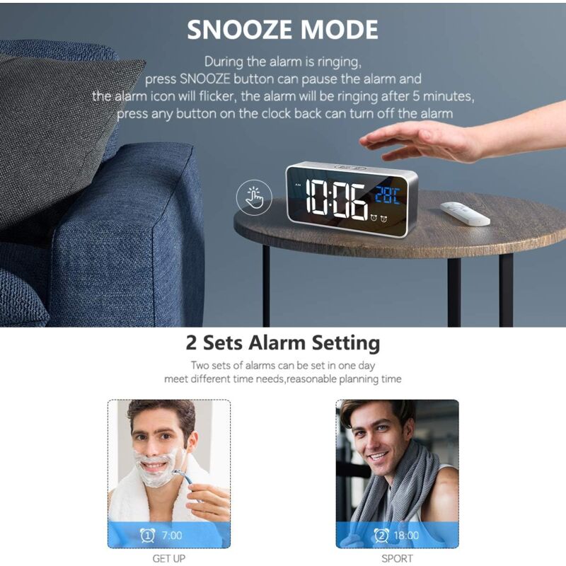 Digital Alarm Clock With Large LED Temperature Display, Portable Mirror Alarm Clock With Dual Alarms (Silver)