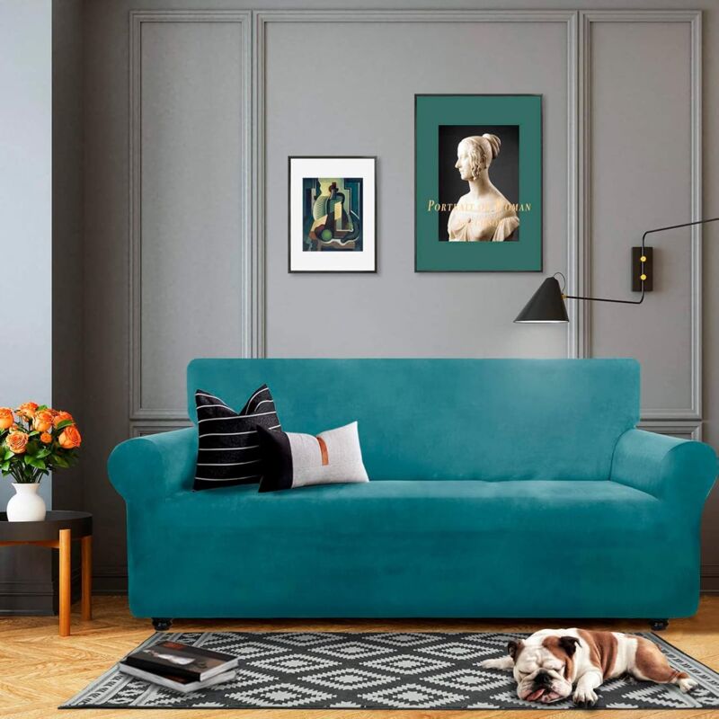 Velvet Sofa Cover 3 Seater Thick Stretch Sofa Slipcovers (3 Seater, Peacock Blue)