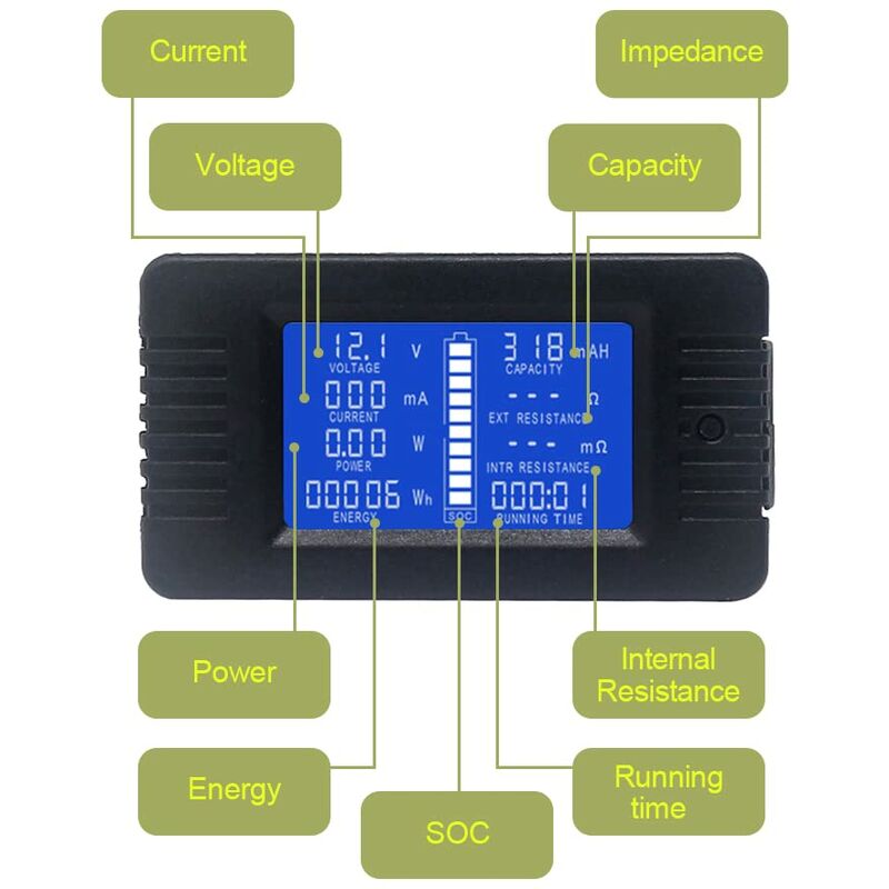 Battery Meter Dc Voltmeter Ammeter Energy Power Monitor Lcd Digital Multimeter Voltage Current Cap Ohm Hour Soc Meter