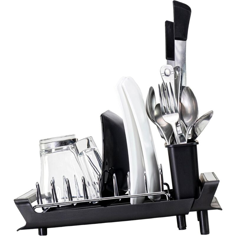 Expandable Kitchen Dish Drainer, Sink Drainer With Pouring Spout, Cutlery Holder, Plastic Foldable Drainer, 28X20 Cm