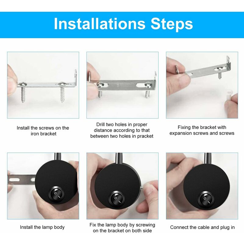 Bedside Wall Lamp 2 Pack Lights Wall Mounted Reading Light LED Gooseneck Light 3W, 6000K Warm White Reading Lamp.