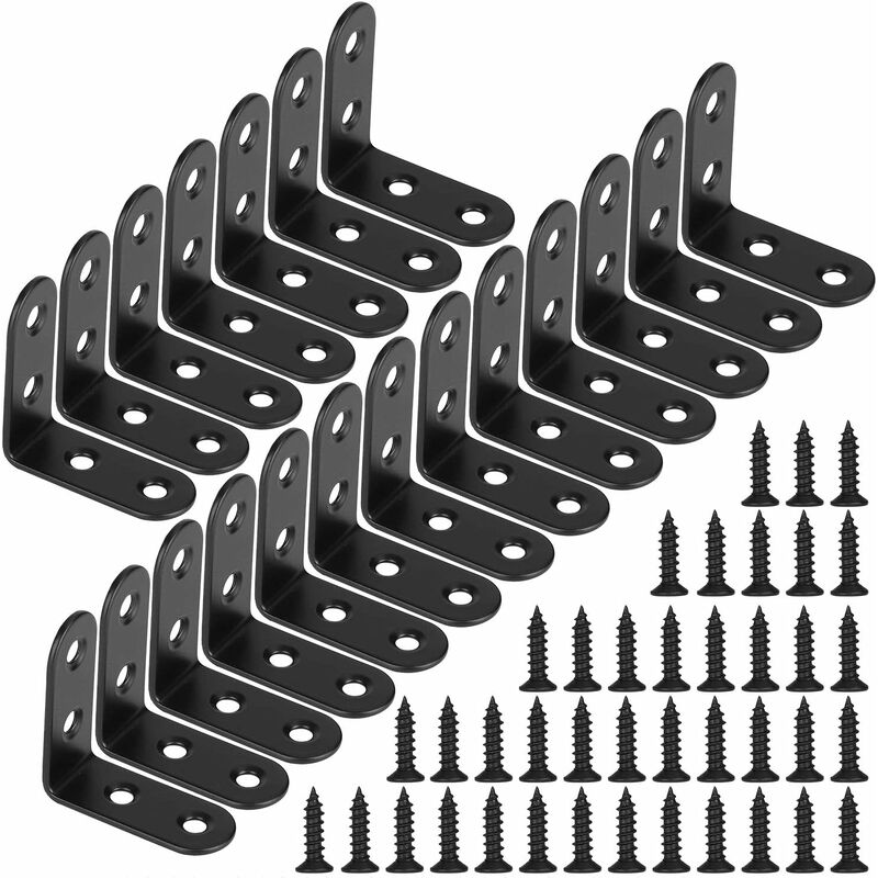 Black Right Angle Bracket L Shaped Metal Corner Braces With Screws For Wood Furniture Cupboard Support 20 pcs 40 18Mm