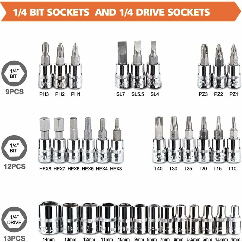 46 pcs Socket Set Chrome Vanadium 1/4" Adapter Set Socket Set For Car Diy