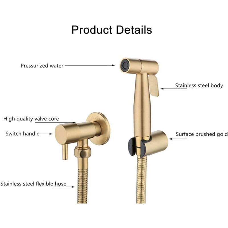 Stainless Steel Toilet Bidet Shattaf Faucet Sprayer, Bidet Sprayer Kit (Gold)
