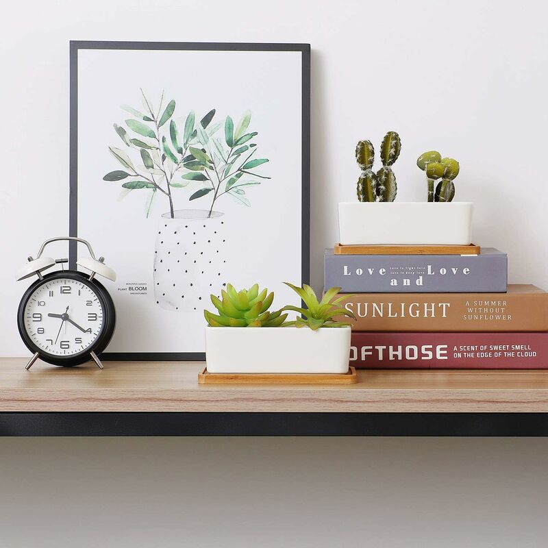 17Cm Ceramic Succulent Pot With Bamboo Tray White 2 pcs Set, Cactus Planter Cache Pot Jardinière Container Gift For