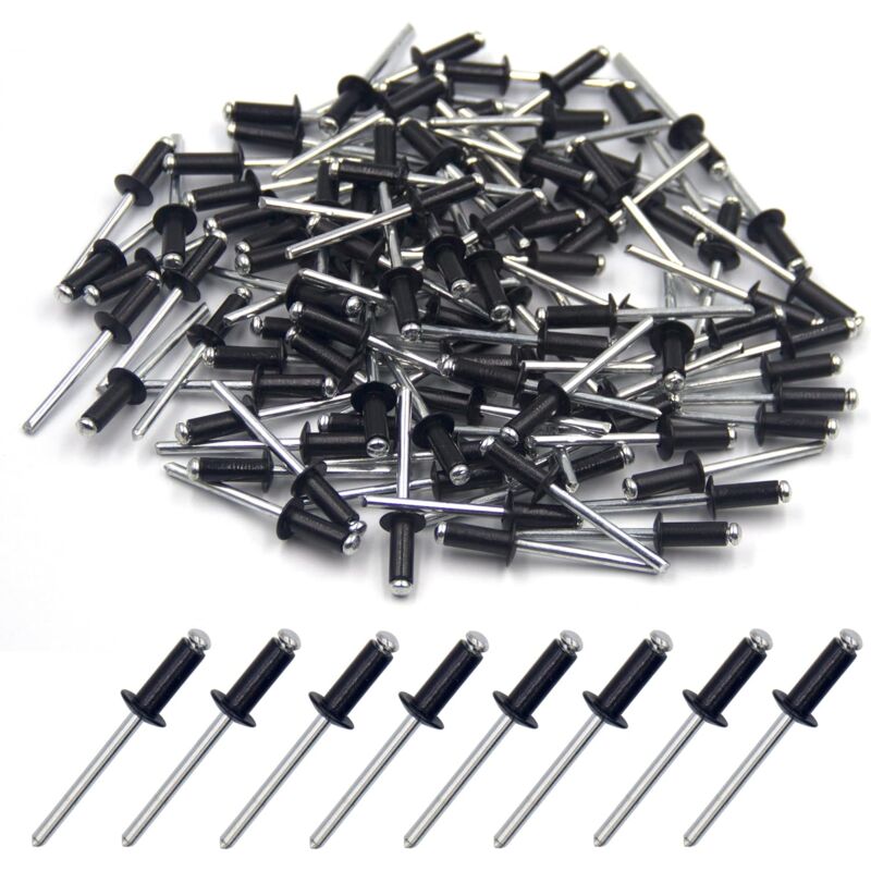 100 pcs 4.8 X 12Mm Aluminum Blind Rivets, Open End Rivets, Pop Rivets, Pack Of 100 (Black)