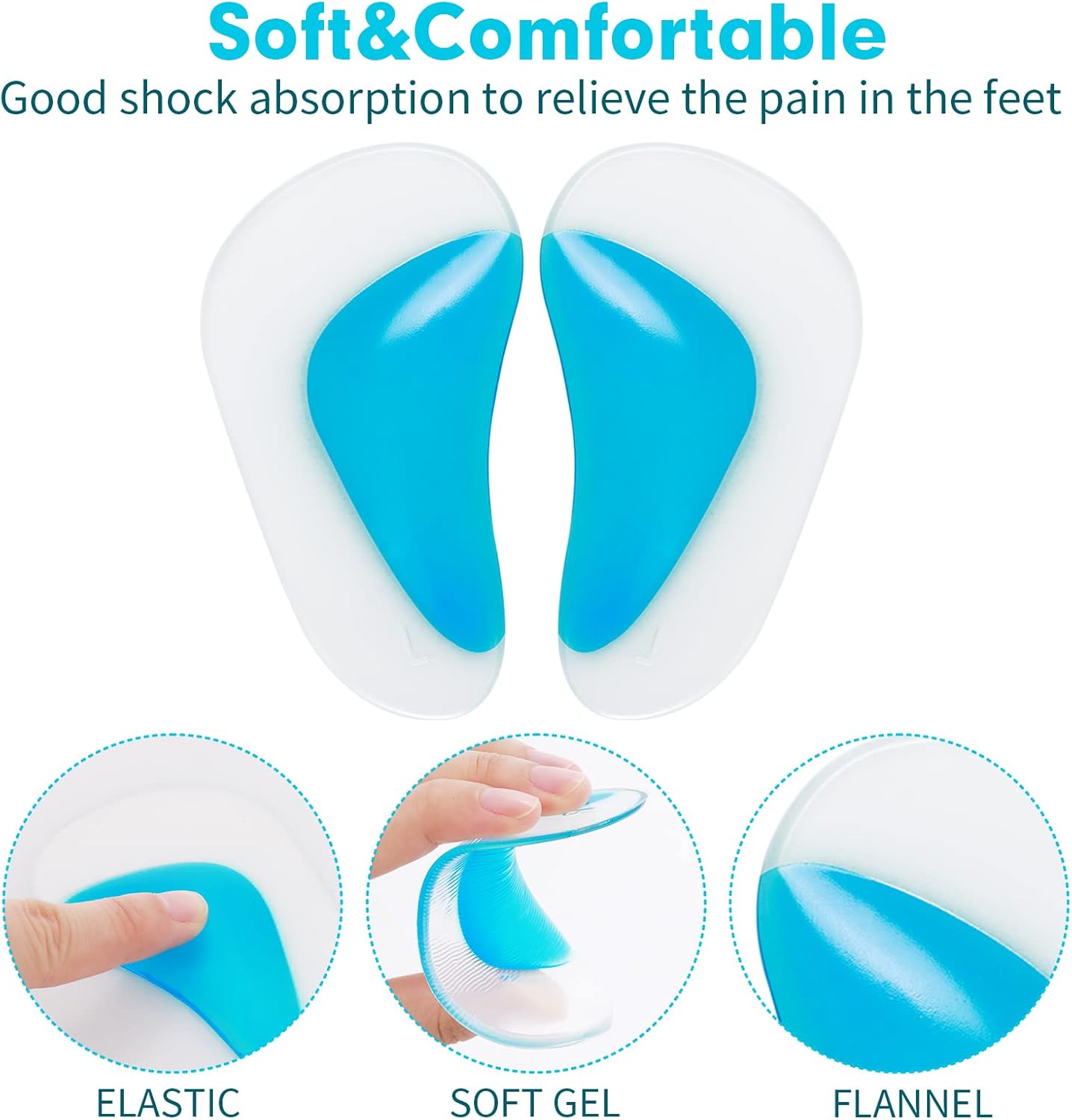 Orthopedic Gel Insoles 3 Pairs for Arch Support Plantar Fasciitis Silicone Shoe Inserts