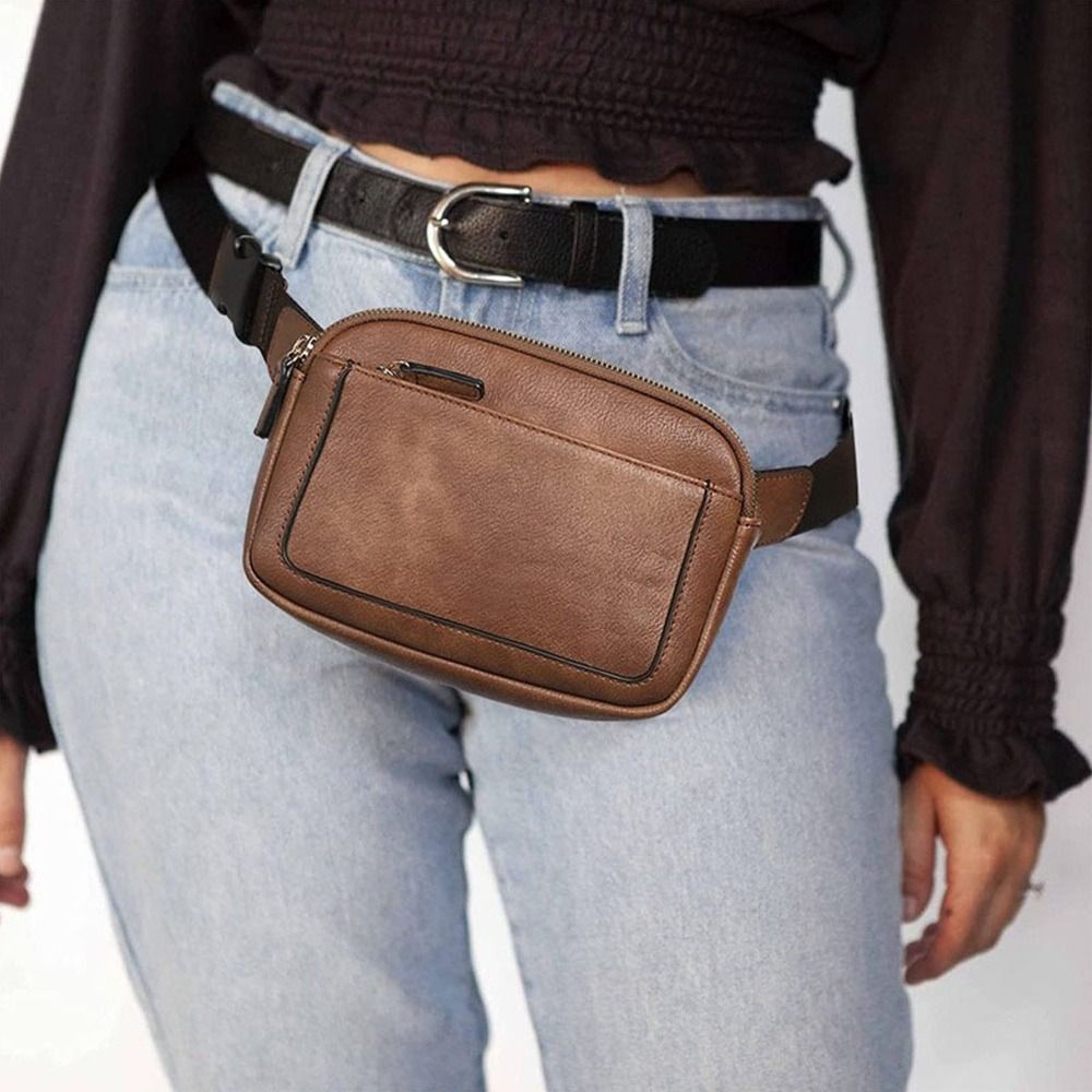 Women's Brown PU Leather Crossbody Waist Belt Bag Travel Fanny Pack