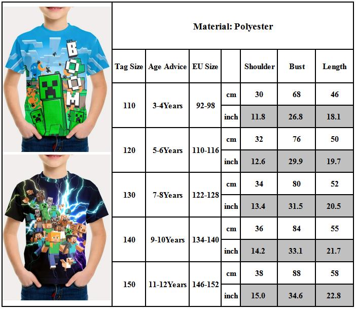 Minecraft T-shirt Boys Girls 120cm Cartoon Print Round Neck Short Sleeve Casual Summer Top