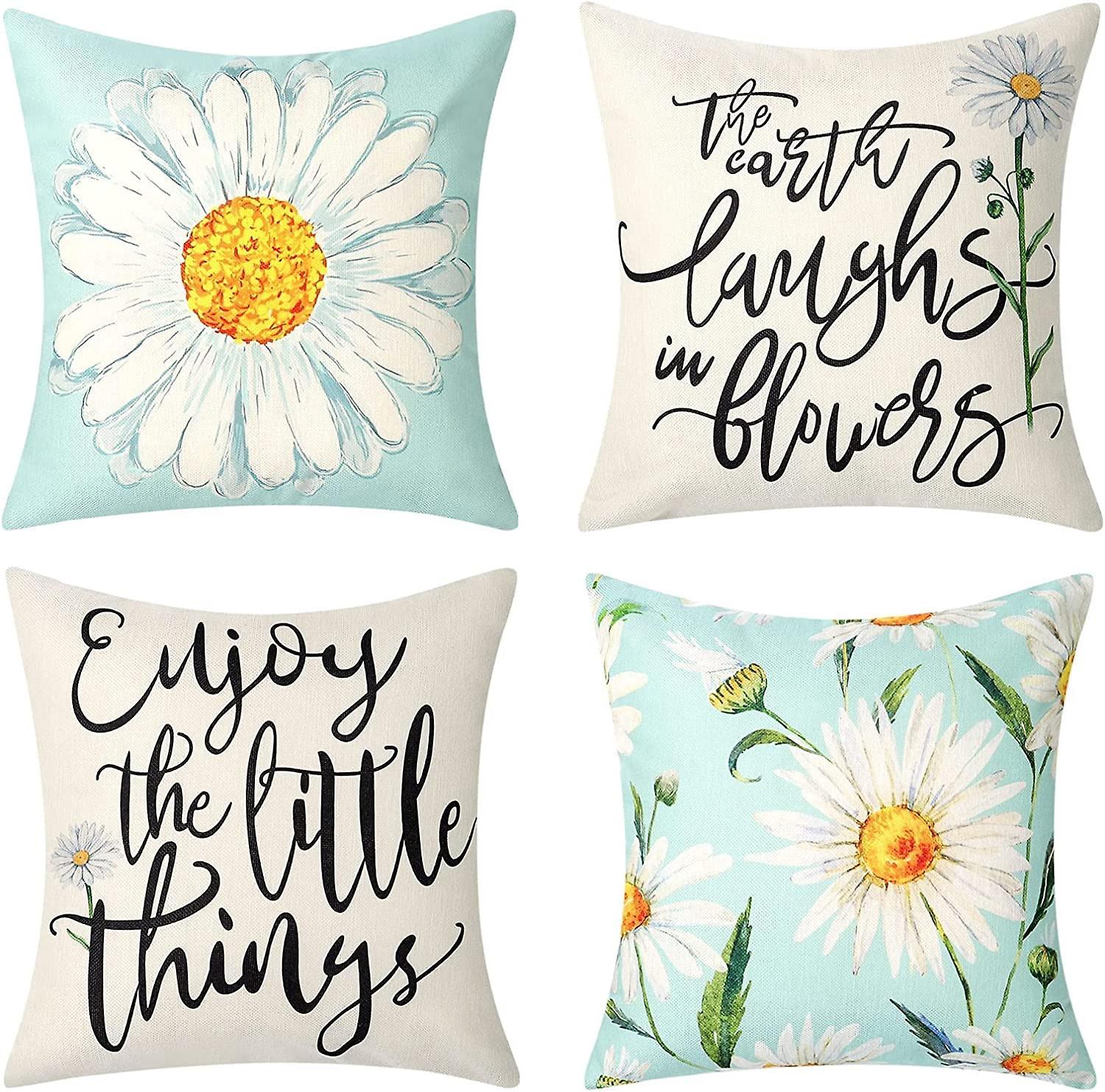 Cushion Cover Set of 4 45x45 cm Daisy Cotton Decorative Cushions Compatible with Modern Garden Living Room Bedroom Decor