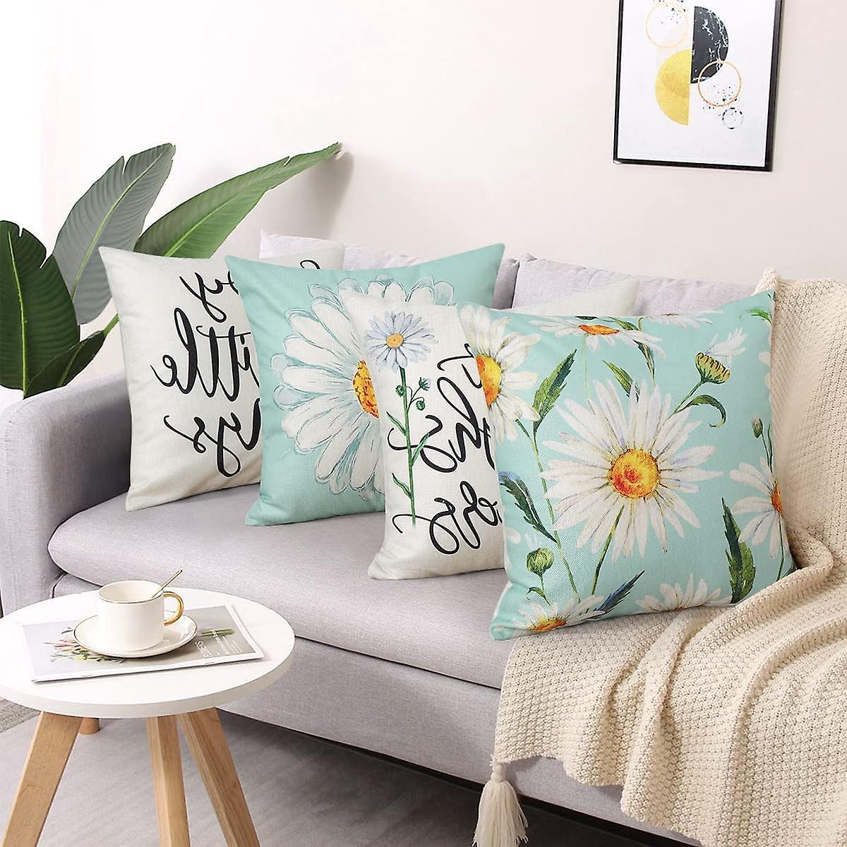 Cushion Cover Set of 4 45x45 cm Daisy Cotton Decorative Cushions Compatible with Modern Garden Living Room Bedroom Decor