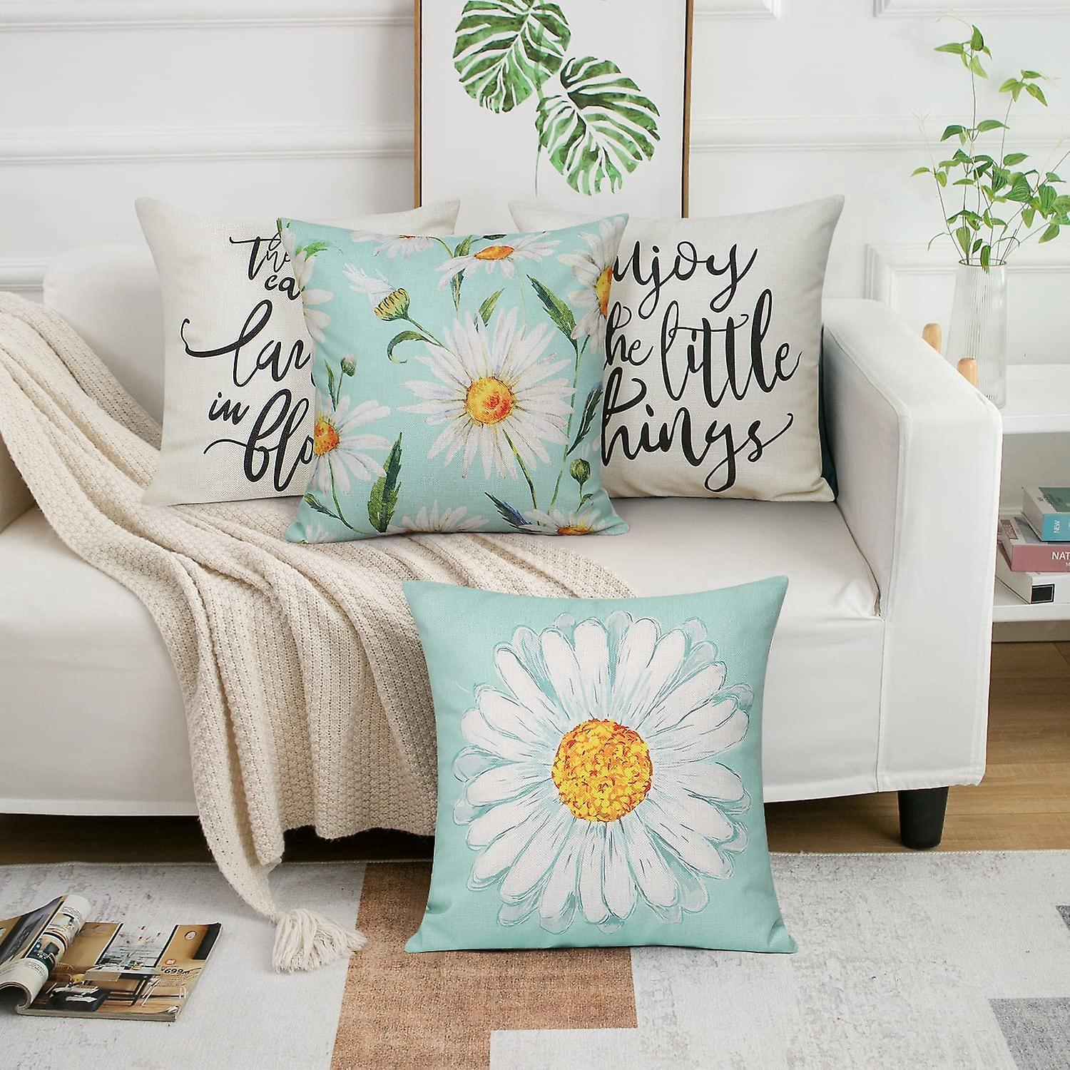 Cushion Cover Set of 4 45x45 cm Daisy Cotton Decorative Cushions Compatible with Modern Garden Living Room Bedroom Decor