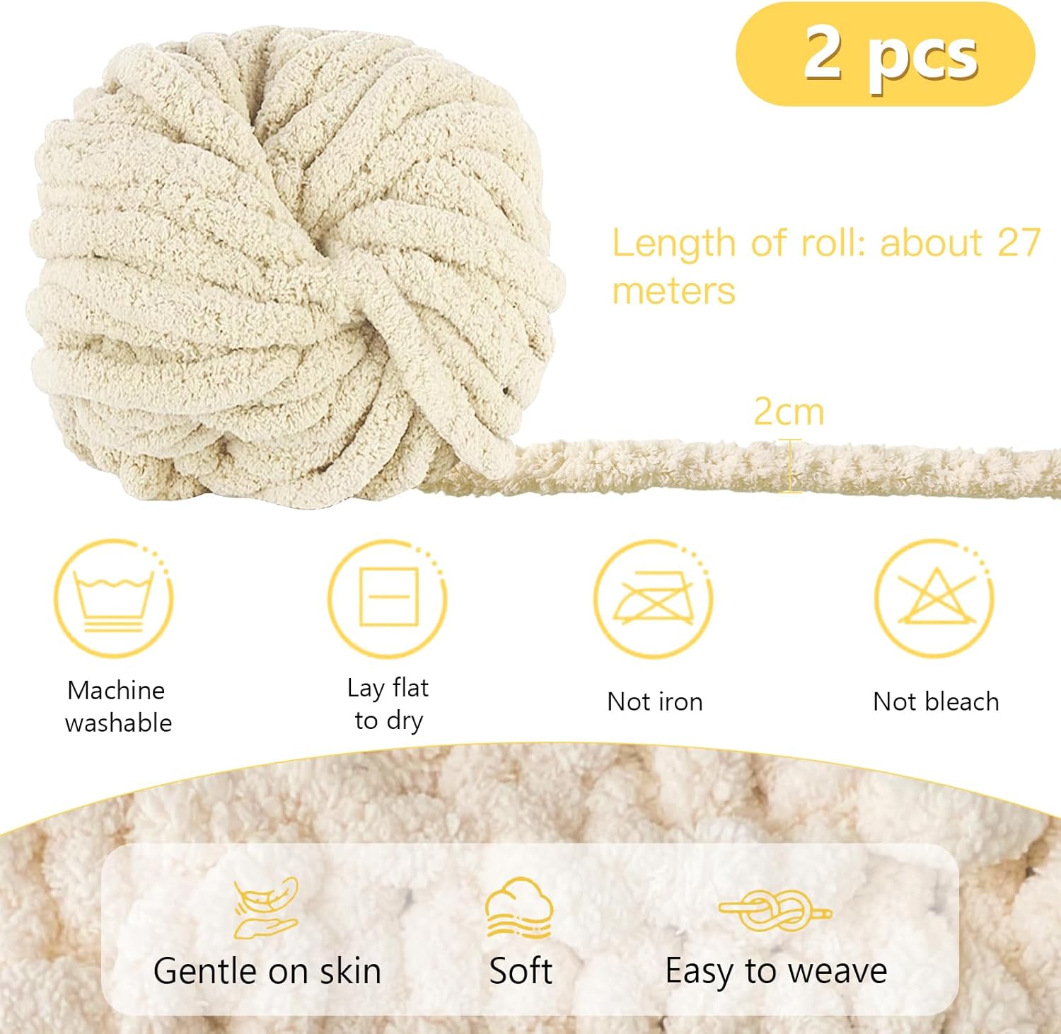Chunky Chenille Fur Yarn Soft Wool Knitting Yarn 500g (250gx2) approx 54m Compatible with Crochet for Blankets Scarfs Hats Beige