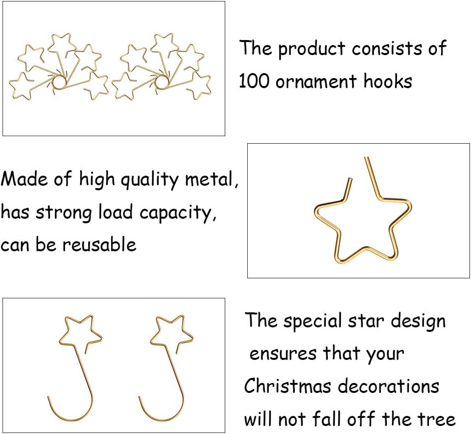 Gold Star Christmas Tree Baubles Hooks, 100 Pack for Decoration