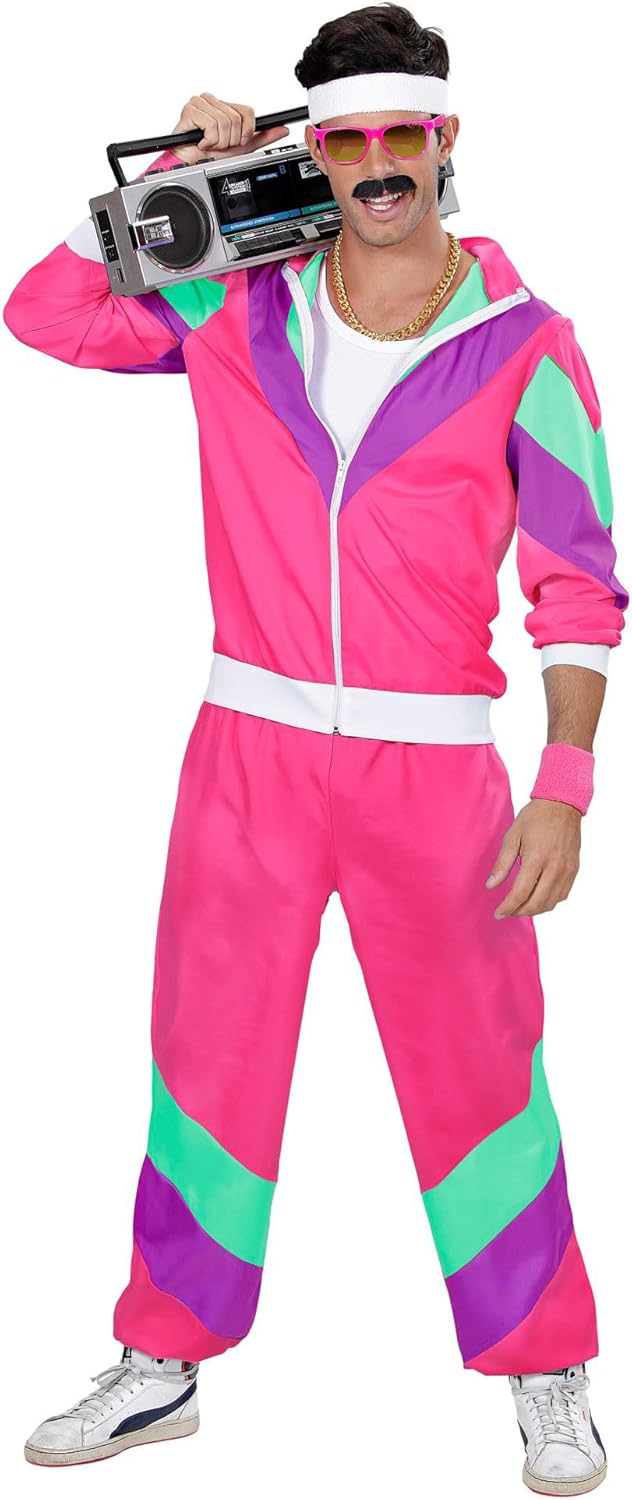 Widmann - Costume Jogging Pants Pink 80s Outfit Jogging Suit Carnival Costume, Multicolored L