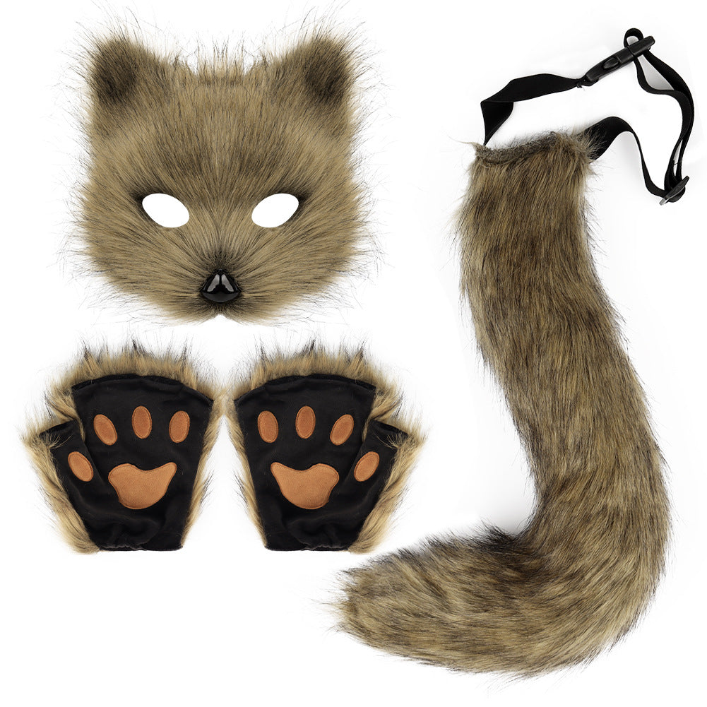 Halloween costume simulation fox mask gloves plush fox tail handmade animal tail cosplay props accessories Red, brown and white three-piece set One Size