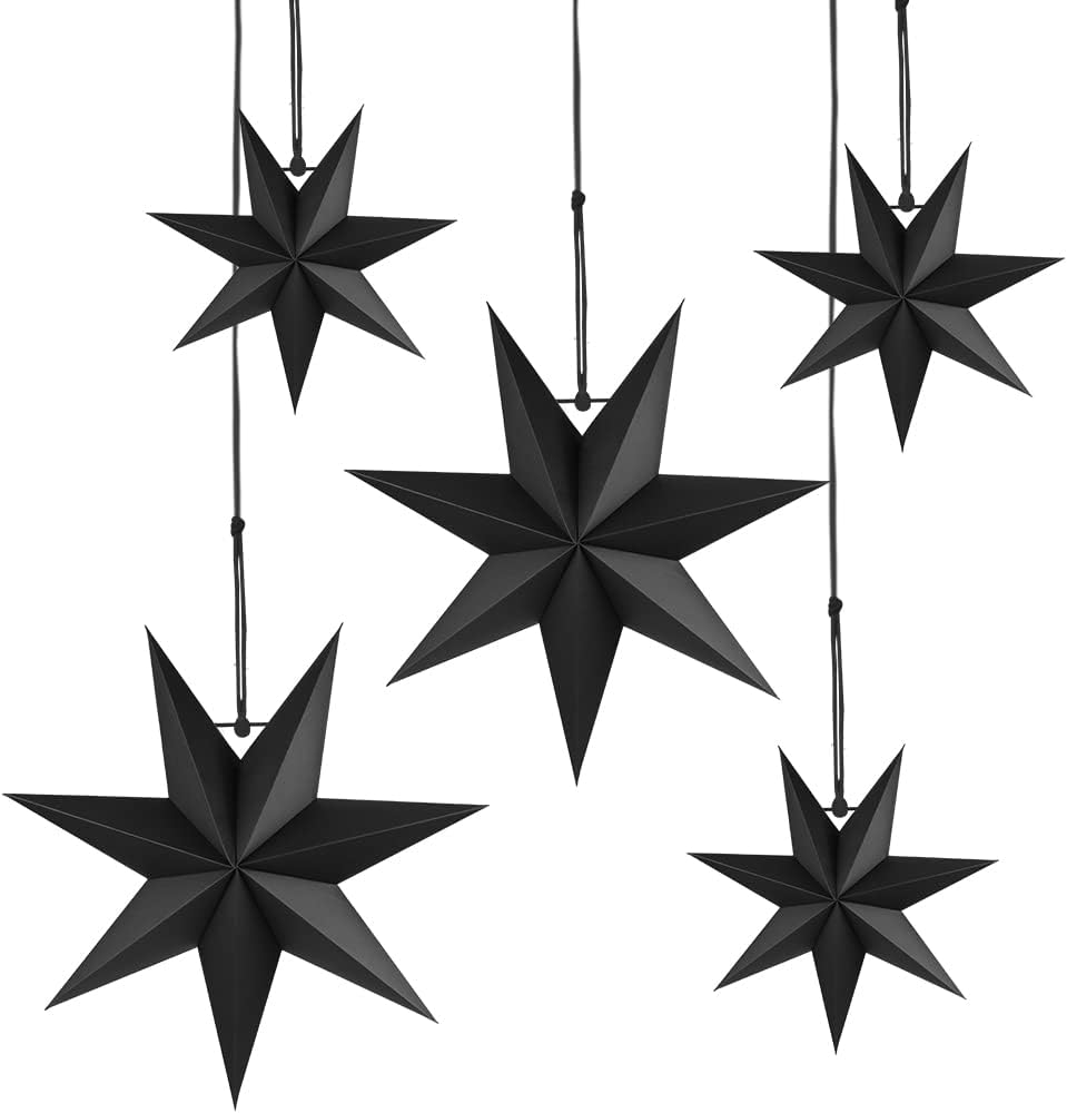 Hanging Christmas Decorations, 5 pcs Hanging Black Stars, Black Paper Star, 3 pcs Diameter 25cm, 2 pcs Diameter 40cm for Wedding, Christmas Party, DIY Black