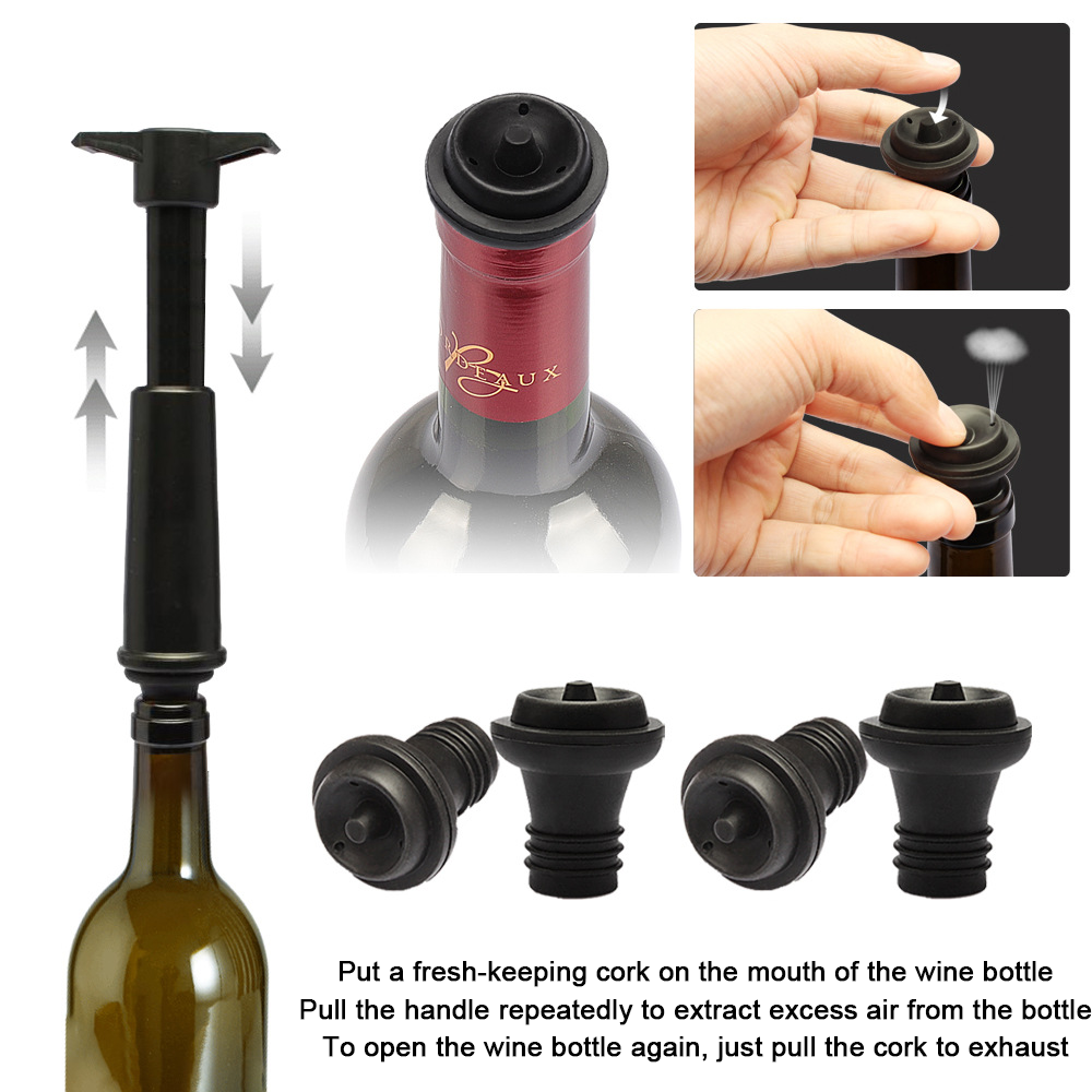 Vacu Vin Black Pump with Wine Saver Stoppers - Keeps Wine Fresh