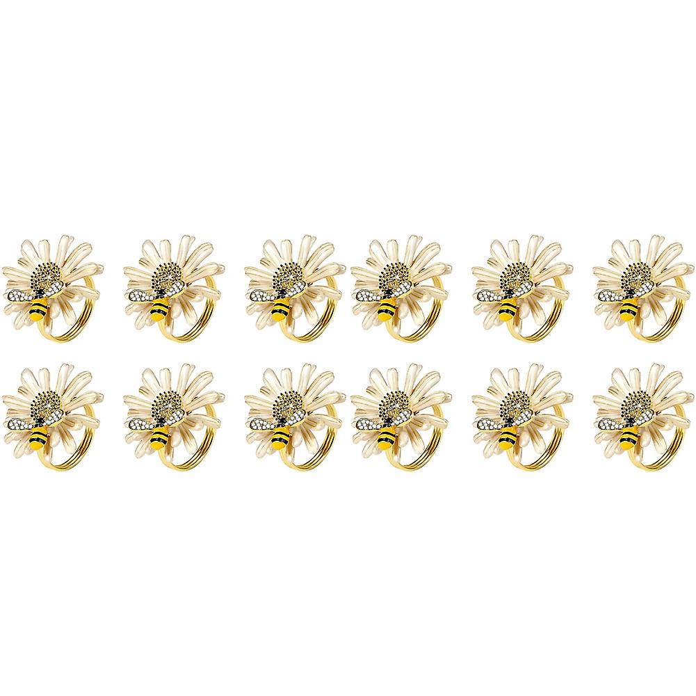 Set of 12 Daisies and Sunflowers Napkin Rings, Gold Napkin Ring Holders with Bees for Formal or Casual Dining