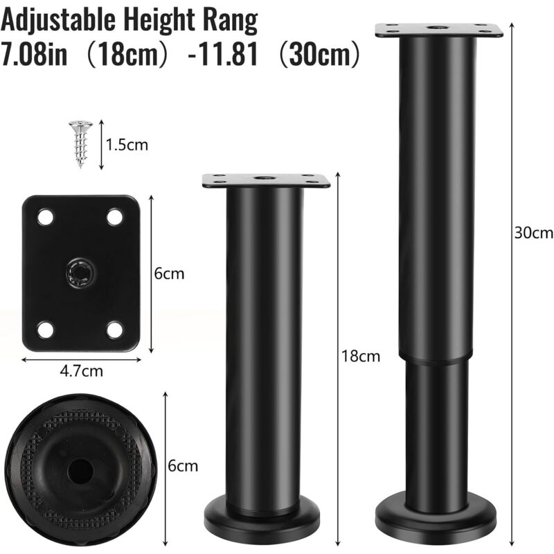 Furniture Legs Black 4 pcs Adjustable 18-30 cm with 18 Screws Metal Cabinet Feet for Sofa Table Chair
