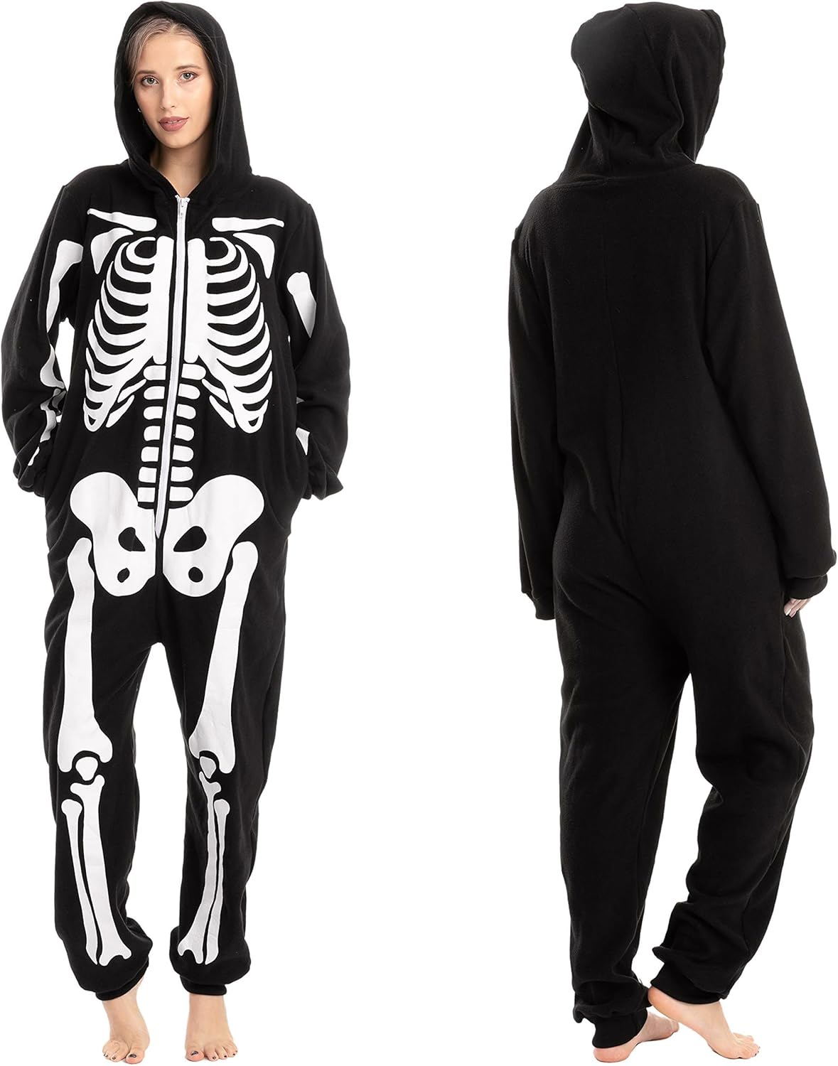 Unisex Skeleton Onesie Pajamas Plush Skeleton Jumpsuit Zipper Halloween Hoodie Pajamas for Adults Sleepwear Costume Black L