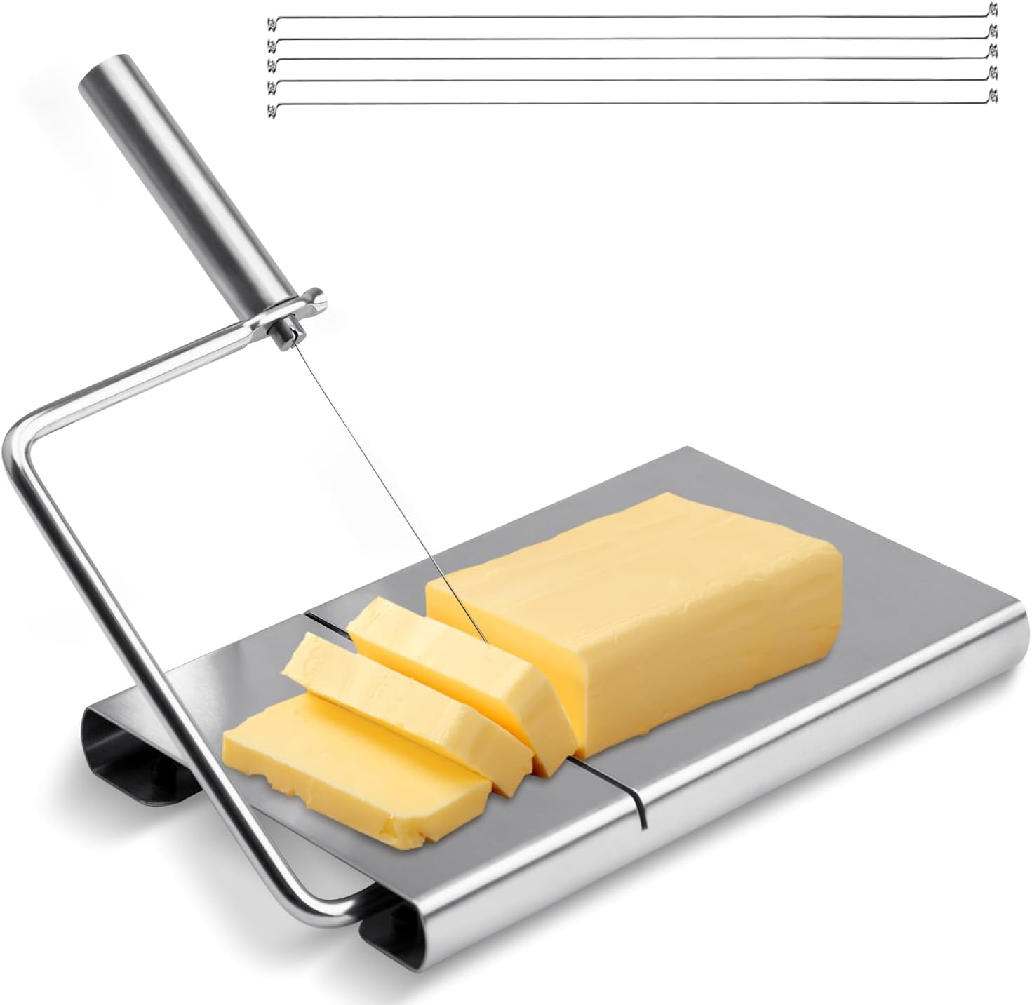 Cheese cutter with wire, cheese cutter for block cheese with 6 replacement wires, stainless steel cheese cutter