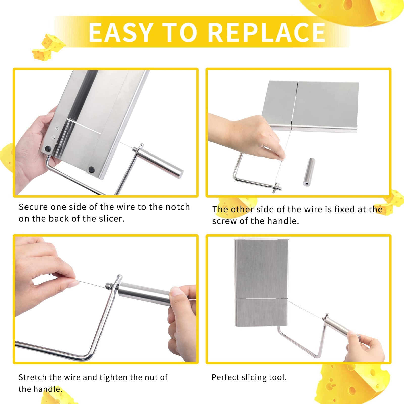 Cheese cutter with wire, cheese cutter for block cheese with 6 replacement wires, stainless steel cheese cutter