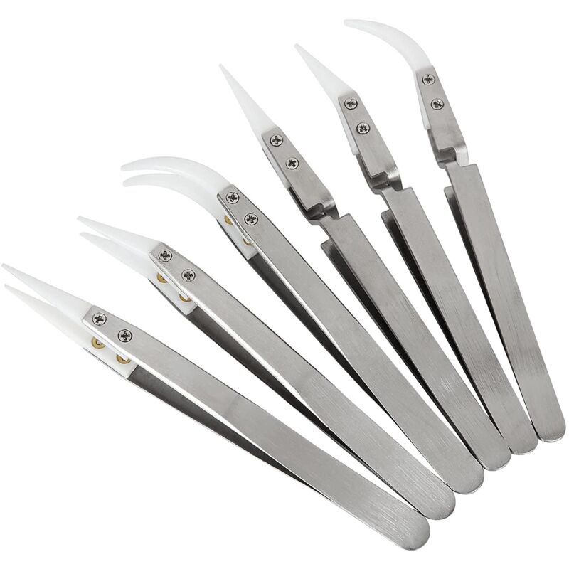 Precision Ceramic Inverted Soldering Tweezers 6pcs Non-conductive Antimagnetic with Pointed Curved Tips