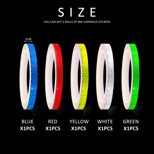 Reflective Stickers for Bicycle, Color Reflective Tape, Self-Adhesive Safety Tape, Waterproof Warning Tape (1cm*8m)