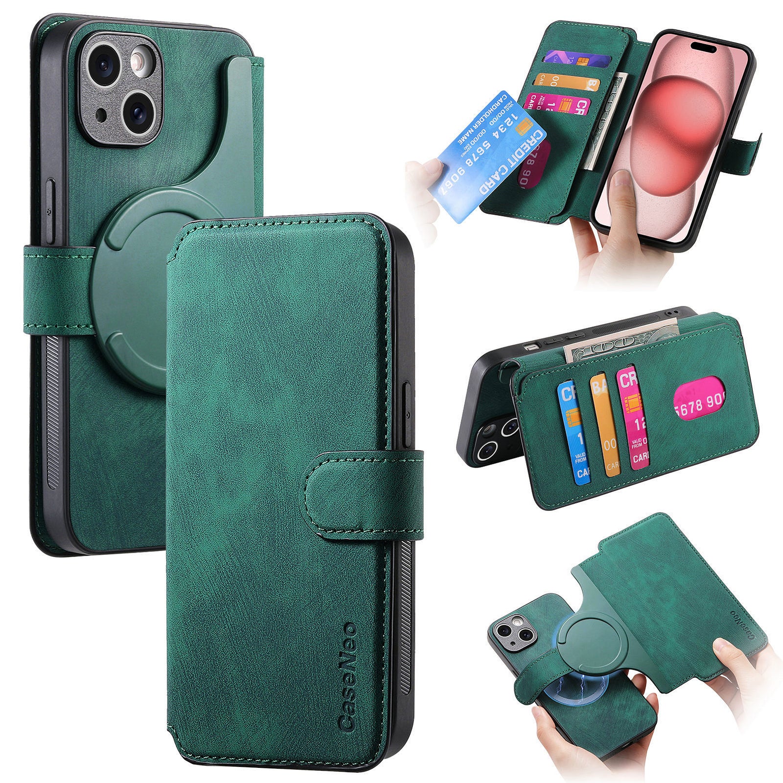 New Magnetic Two-in-one Separation Structure Mobile Phone Case - Card Holder RFID Anti-theft Brush - Suitable for iPhone Mobile Phone Case Gr Green iPhone 15