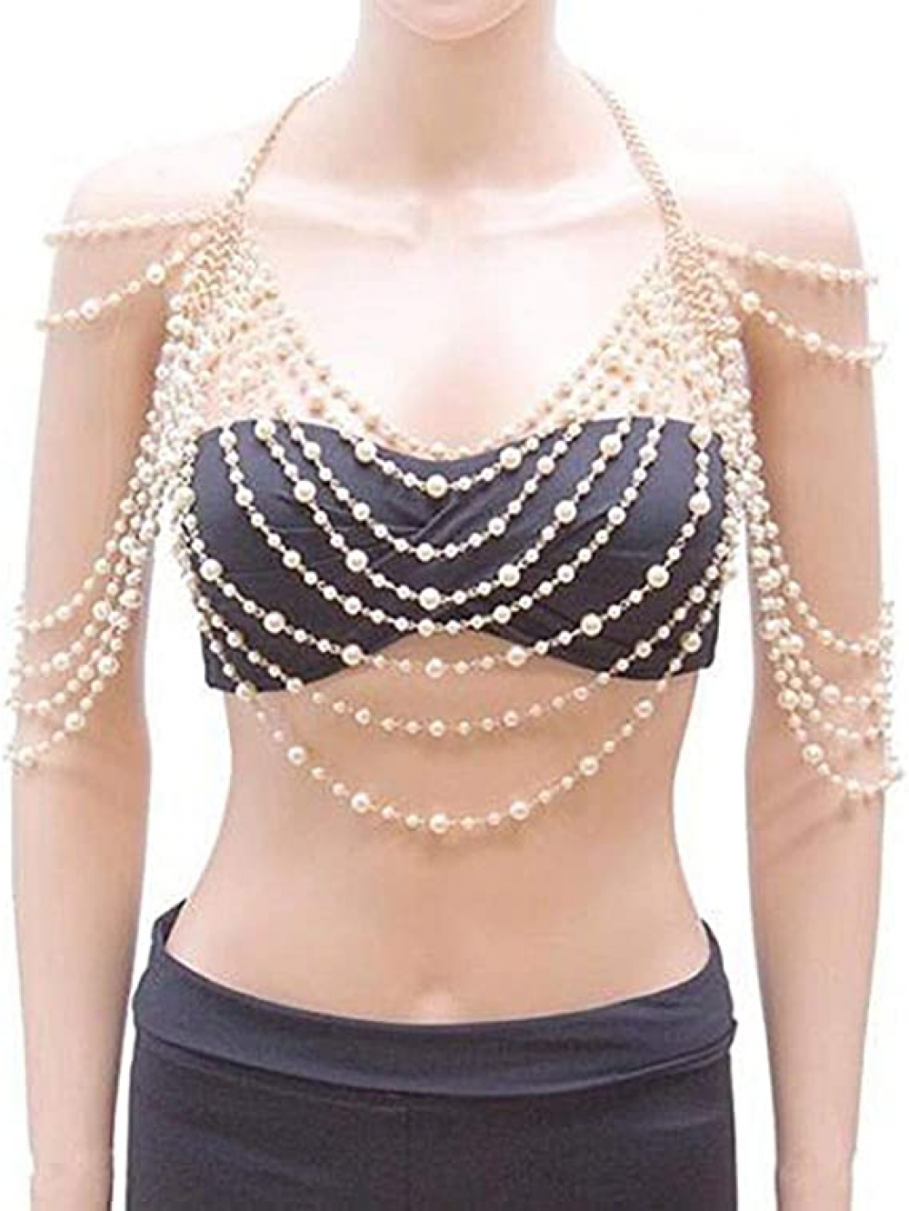 Pearl Body Chain for Women, Gold Multi-layer Necklace for Backless Dresses and Bikinis, Bridal Jewelry