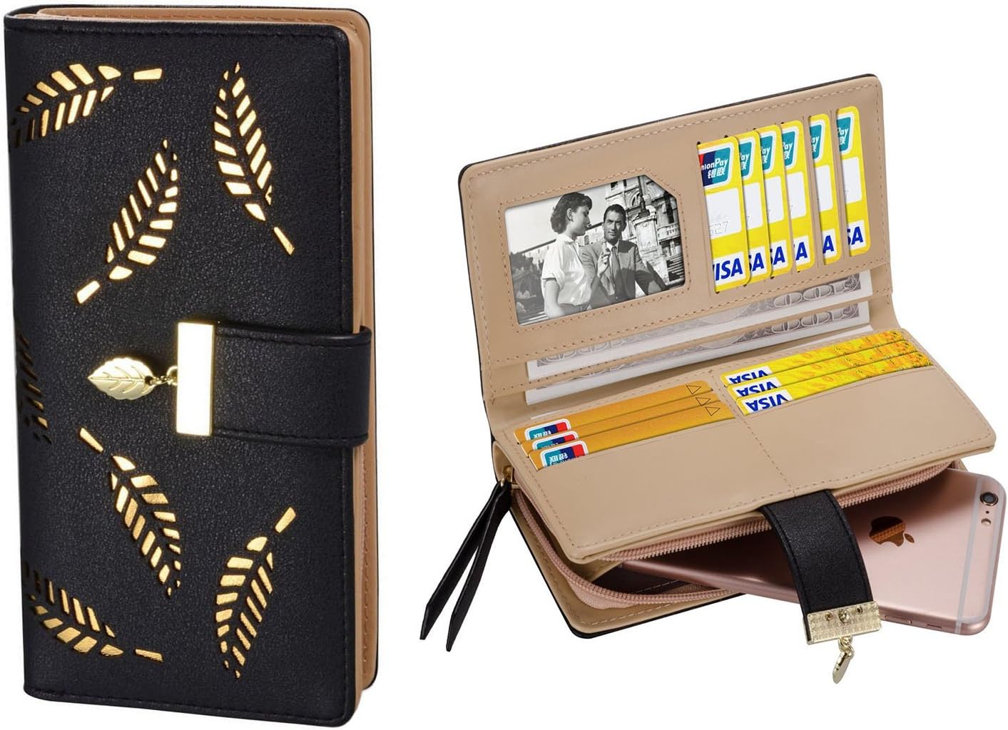Women's Large Capacity Long Wallet Hollow Leaf Design Black