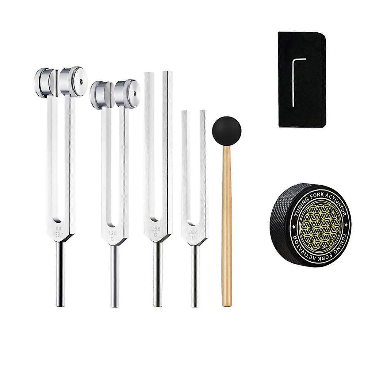 Healing Tuning Forks Set with 128Hz 136.1Hz 256Hz 384Hz Frequencies and Hockey Puck Activator for Chakra Sound Therapy