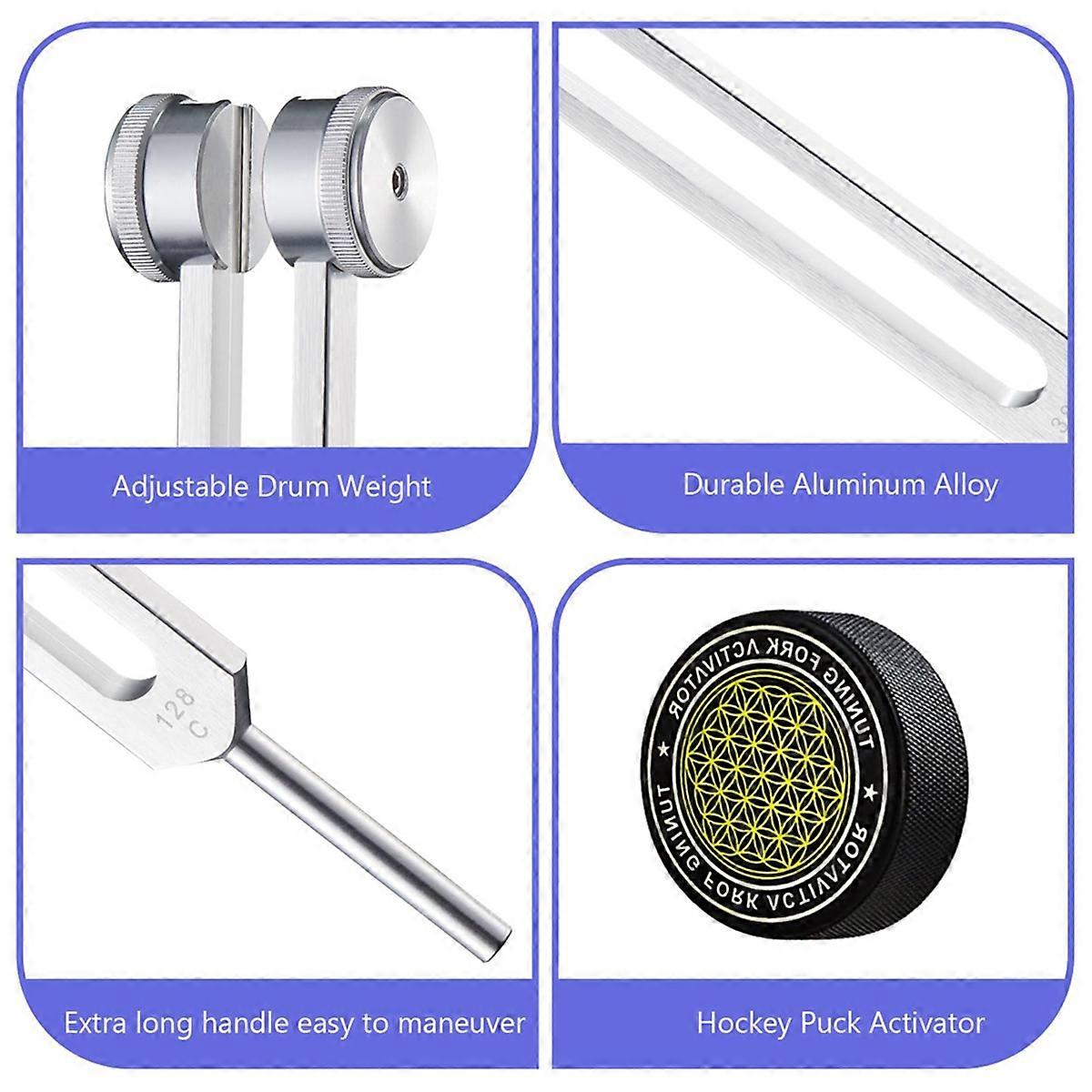 Healing Tuning Forks Set with 128Hz 136.1Hz 256Hz 384Hz Frequencies and Hockey Puck Activator for Chakra Sound Therapy
