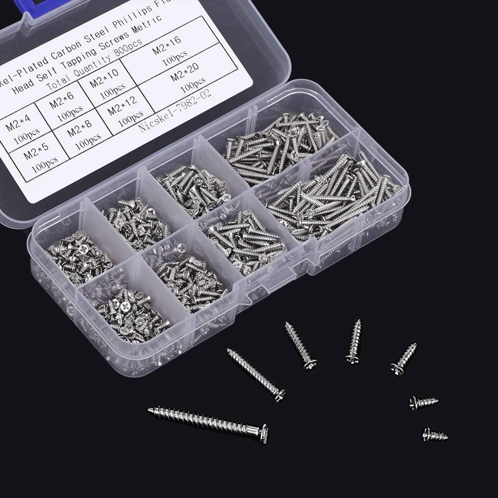 800pcs Small M2 Self Tapping Screws Assortment Box, Countersunk Phillips Flat Head Wood Screws (M2-4mm 5mm 6mm 8mm 10mm 12mm 16mm 20mm)