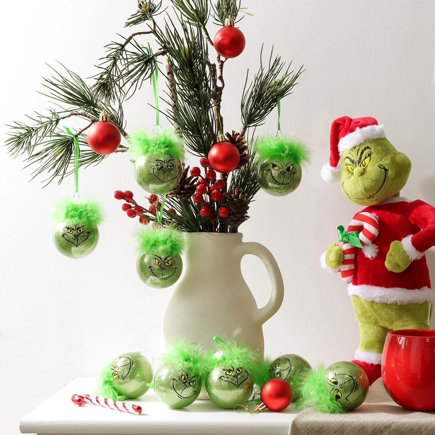 Grinch Christmas Baubles 12 Pcs Fluffy Green Hair Glitter Tree Ornaments Indoor Decor
