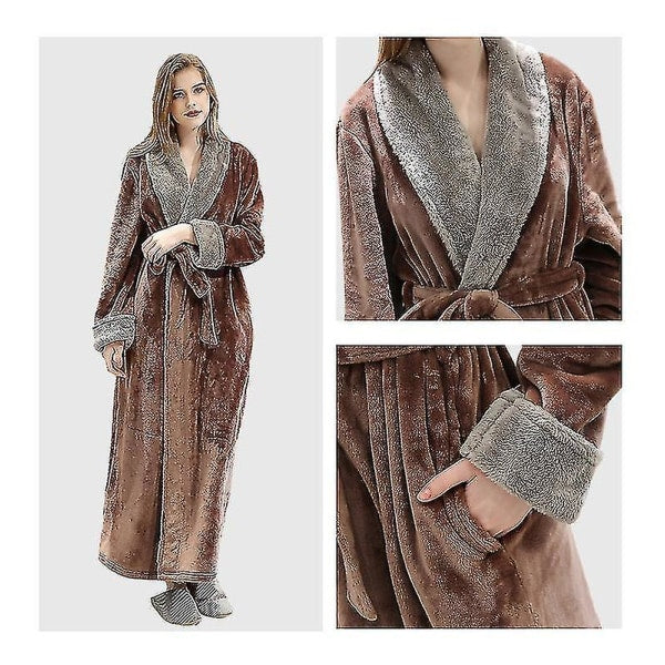 Women's Fleece Bathrobe Dressing Gown Long Warm Soft Robe Coffee Color XL Size