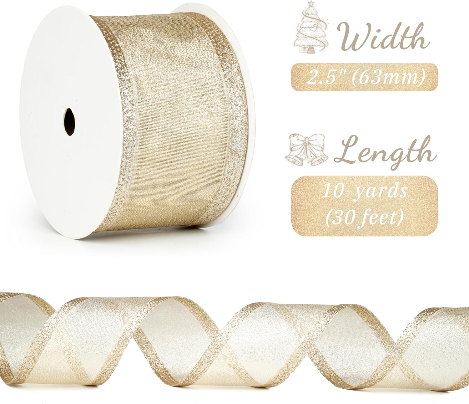 Champagne Christmas Ribbon Wired 2.5 Inch Champagne Gold Metallic Wired Ribbon with Glitter Stripe, Ribbon for Christmas Tree, Wreaths Supplies, Swag, Garland, Holiday Decor - 10 Yards