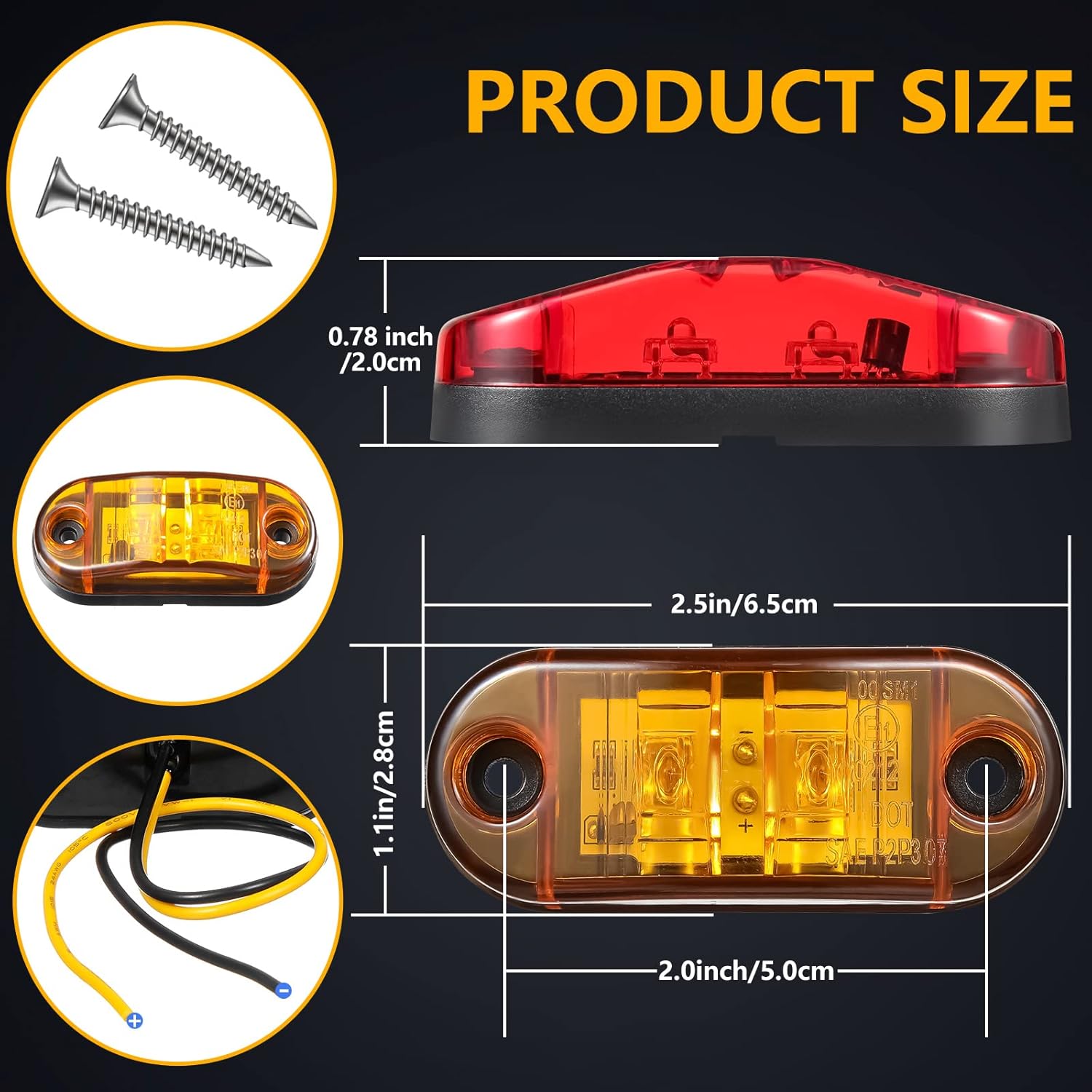 10 Pcs 2.5 Inch LED Trailer Lights 2 Diode Waterproof LED Trailer Side Marker Lights Oval Signal Running Lights For Truck Boat RV(Amber, Red)