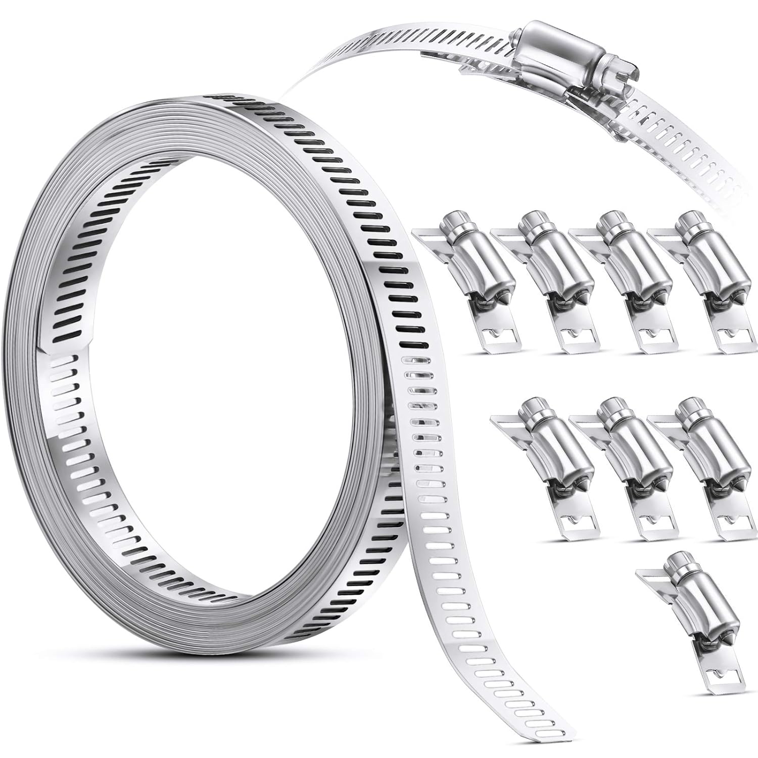 Hoses Clamps, Clamps Worm, Worm Clamps Stainless Steel, Large Hose Clamp Worm Drive Hose Clamps Adjustable Pipe Hose Clamp for Intercooler, Pipe, Plumbing, Tube and Fuel Line (9 Pieces,11.5 Feet)