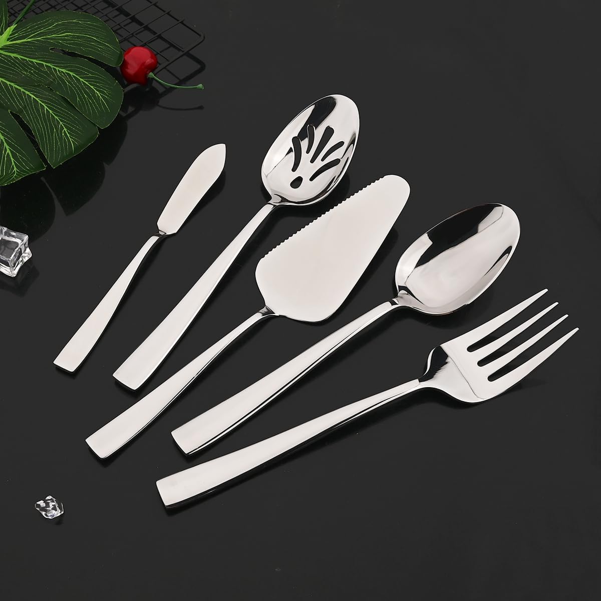 5-Piece Glossy Handle Silverware Hostess Set Stainless Steel Flatware Serving Set for Buffet Party Home Restaurant Mirror Polished Dishwasher Safe