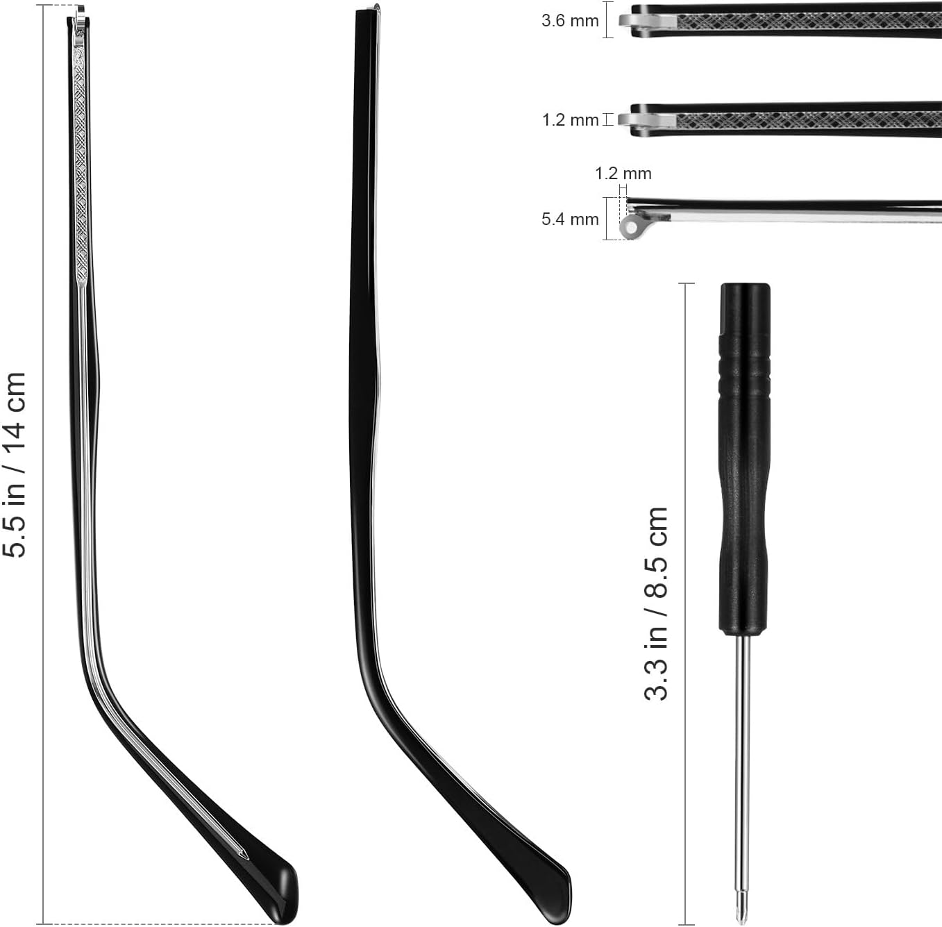 1 Pair Metal Glasses Replacement Temple, Eyeglass Arms Legs Replacement, Glasses Repair Kit Universal Glasses Arm Replacement Legs for Glasses, Sunglasses, Black