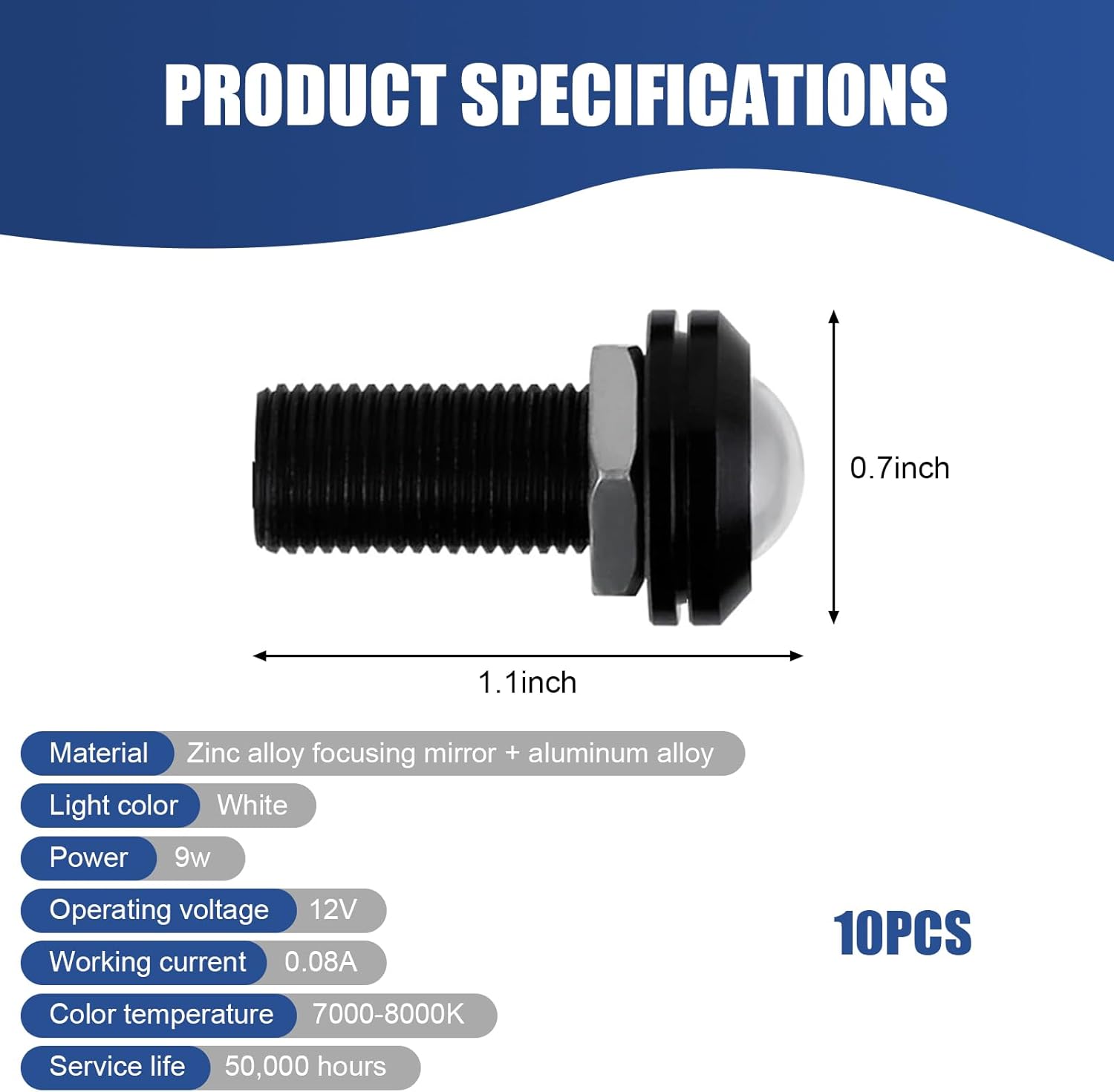 10 PCS Car LED Reversing Light, 18MM 12V 9W Alloy Focusing Mirror Ultra-thin Waterproof Hawk Eye Light Fog Light Daytime Running Light, Modification Accessories, for Cars, Motorcycles (White)