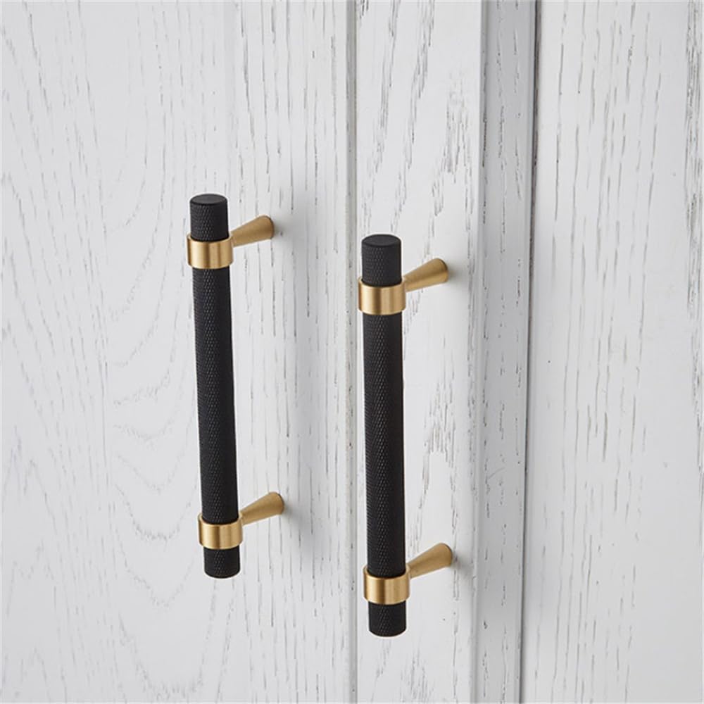 50PCS/Lot Solid Brass Cabinet Pulls Modern Gold with Black Knurled Textured Cabinet Handles Brass Pulls for Dresser Door Drawer Cabinet Hardware (128mm(96mm Hole Centers))
