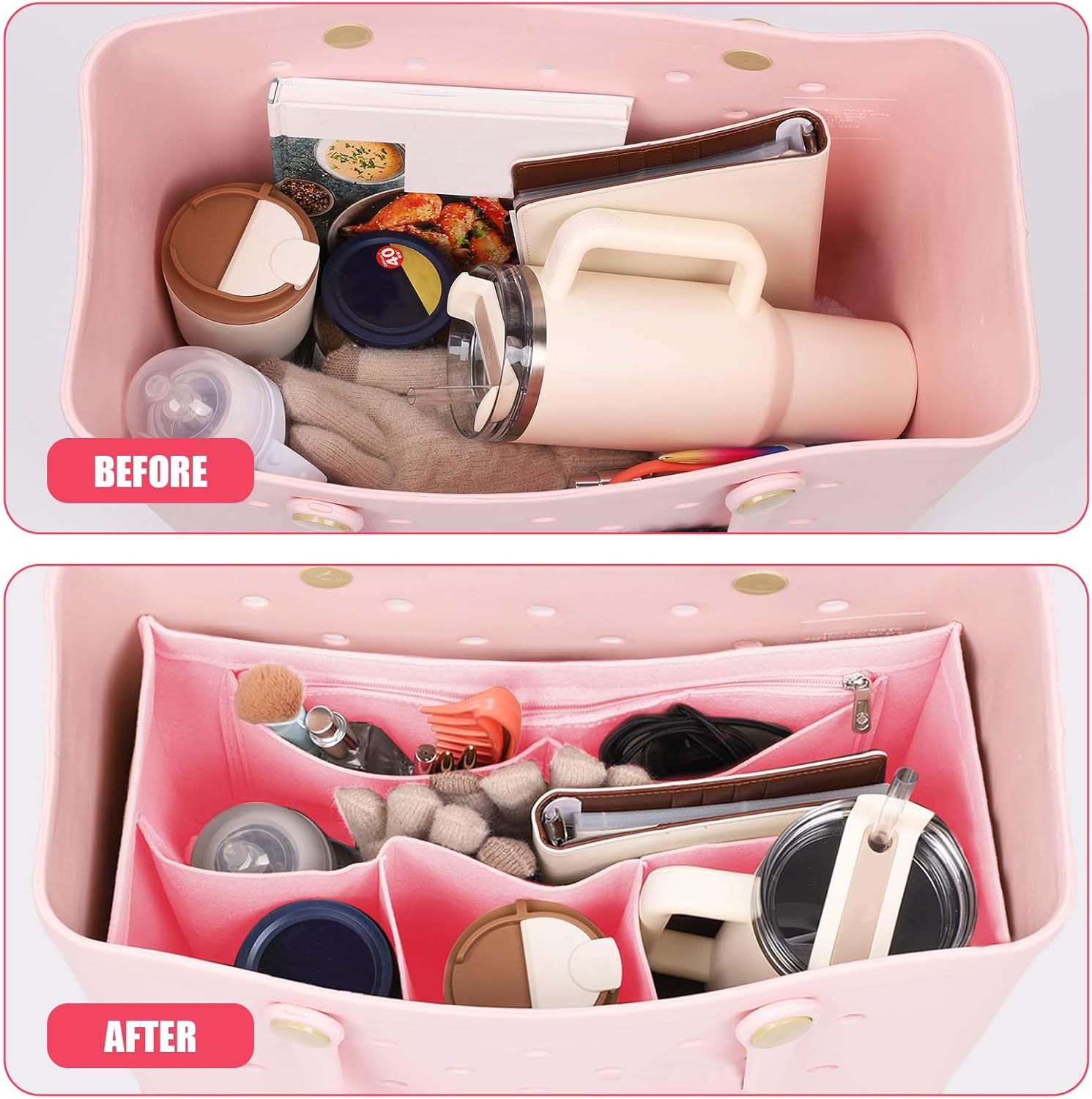 Rubber Beach Bag Organizer Compatible with Bogg Bag/Simply Southern Tote, Tote Organizer Insert Felt Bag Organizer Insert with 7 Pockets, Only for Bogg Bag XL Size (Pink)