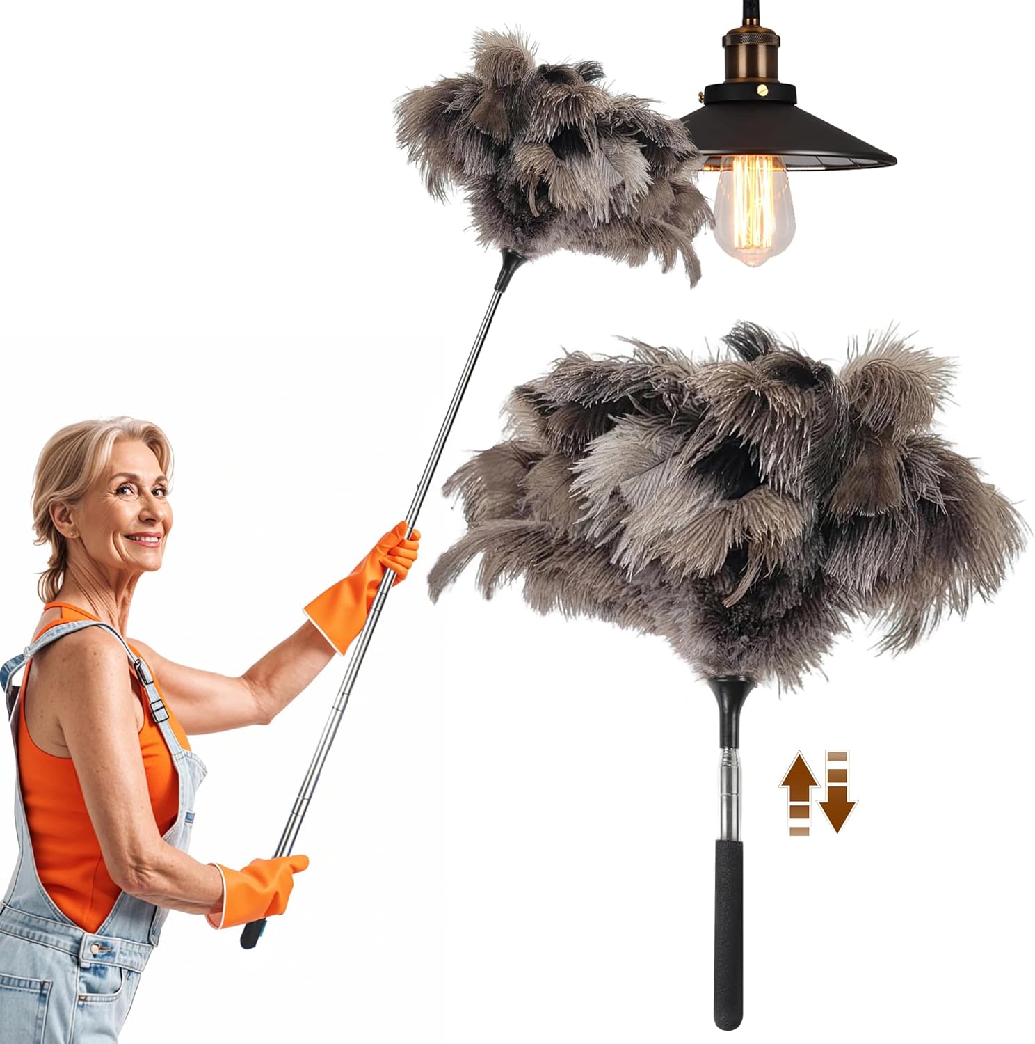 40 inches Extendable Ostrich Feather Duster, Fluffy Long Handle Reusable Duster for Cleaning Ceiling Fans, Pendant Lamps, High Ceilings, Blinds, and Furniture