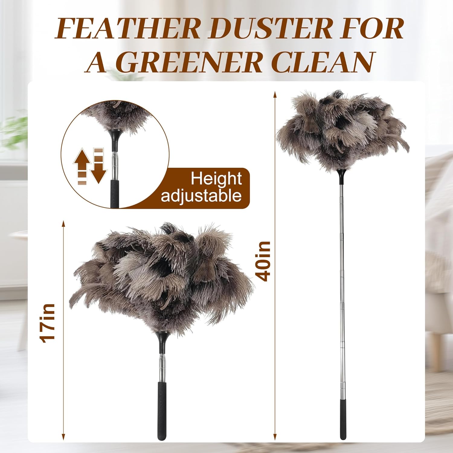 40 inches Extendable Ostrich Feather Duster, Fluffy Long Handle Reusable Duster for Cleaning Ceiling Fans, Pendant Lamps, High Ceilings, Blinds, and Furniture